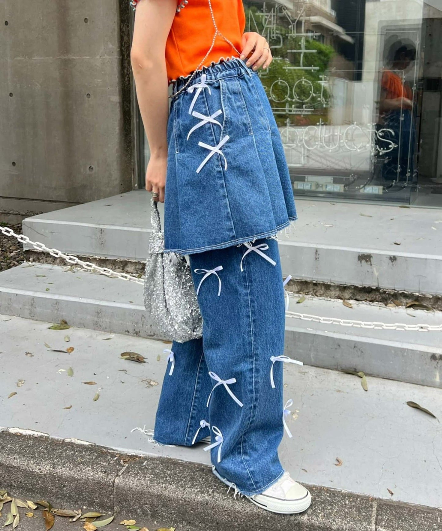 CIAOPANIC TYPY Satin Ribbon Denim Skirt  Girly Pleated Mini with Vintage Edge
