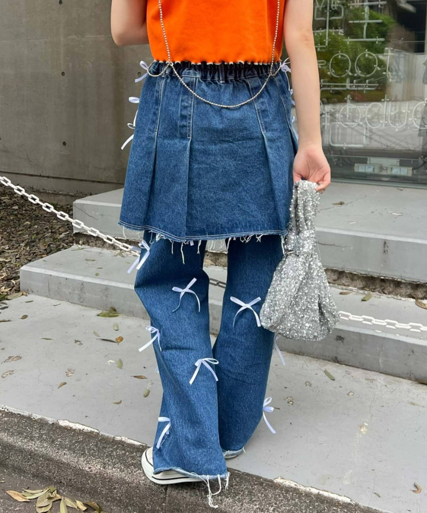 CIAOPANIC TYPY Satin Ribbon Denim Skirt  Girly Pleated Mini with Vintage Edge