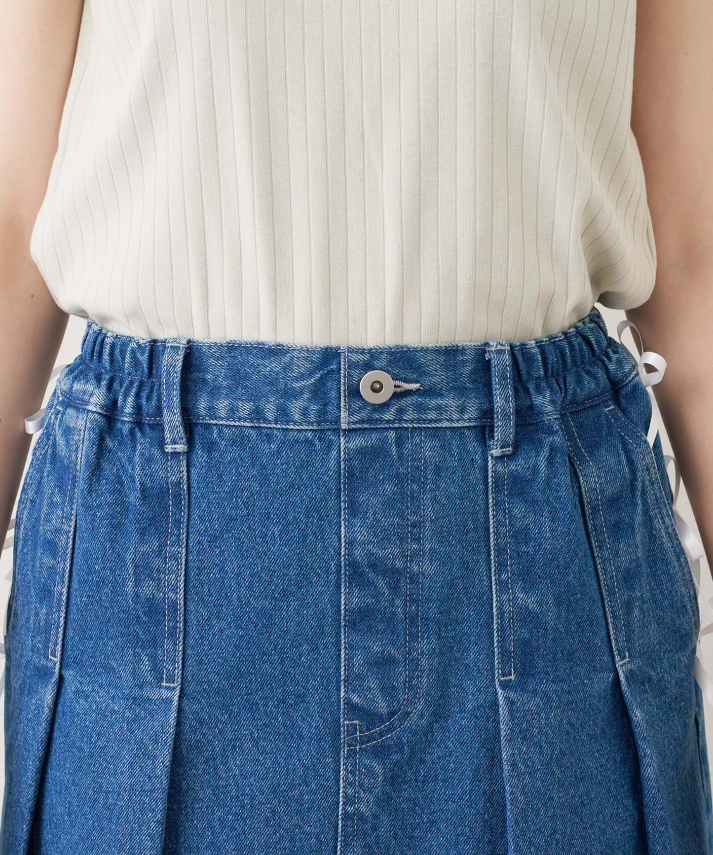 CIAOPANIC TYPY Satin Ribbon Denim Skirt  Girly Pleated Mini with Vintage Edge