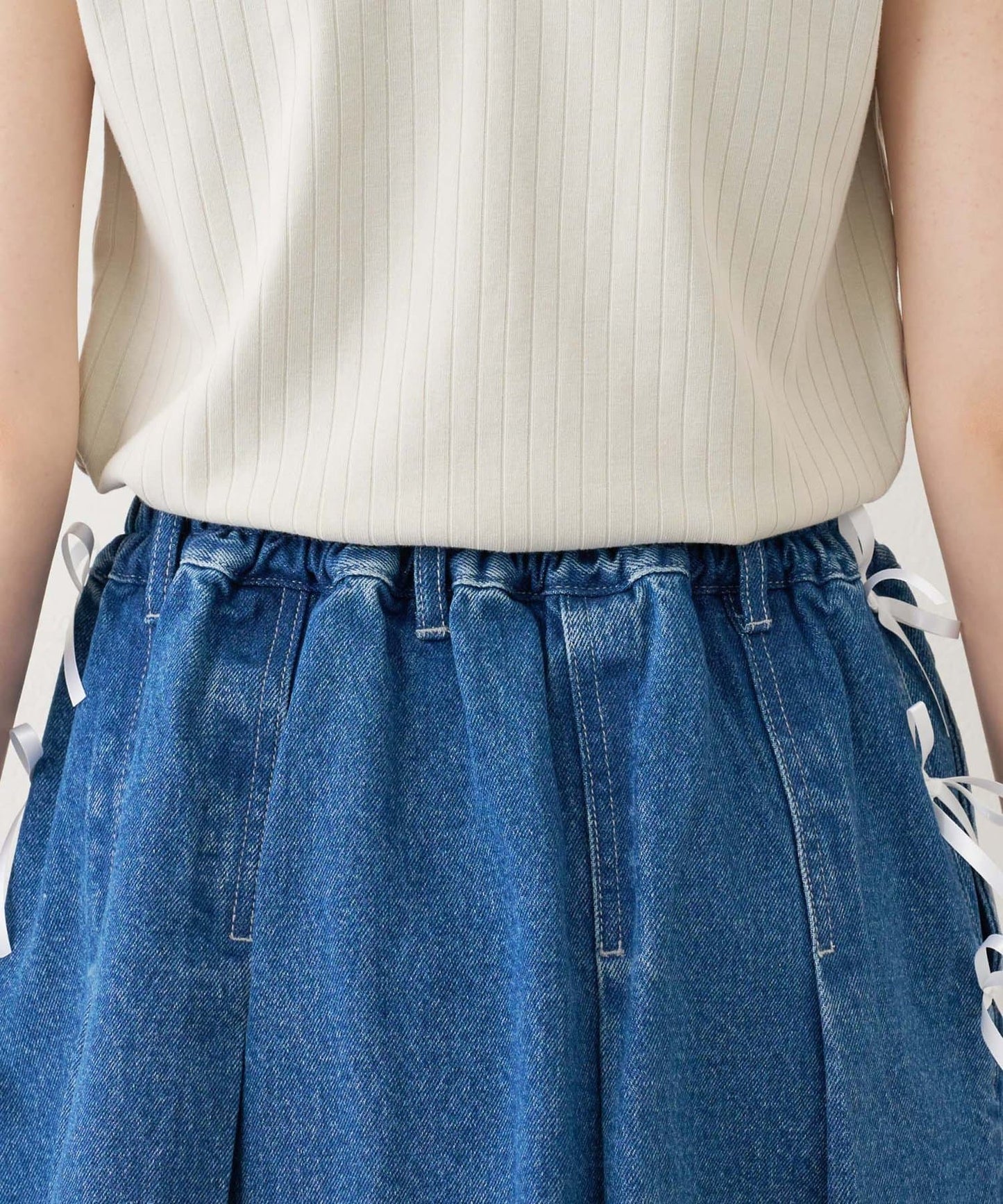CIAOPANIC TYPY Satin Ribbon Denim Skirt  Girly Pleated Mini with Vintage Edge
