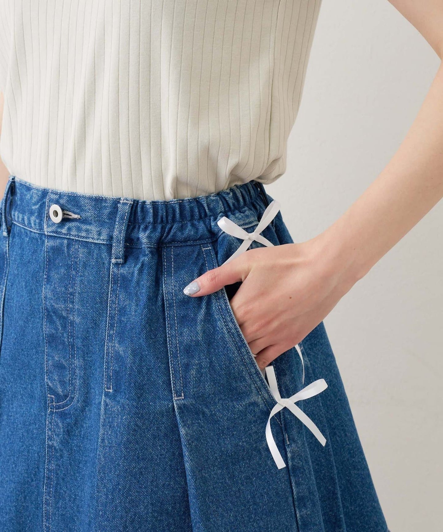 CIAOPANIC TYPY Satin Ribbon Denim Skirt  Girly Pleated Mini with Vintage Edge
