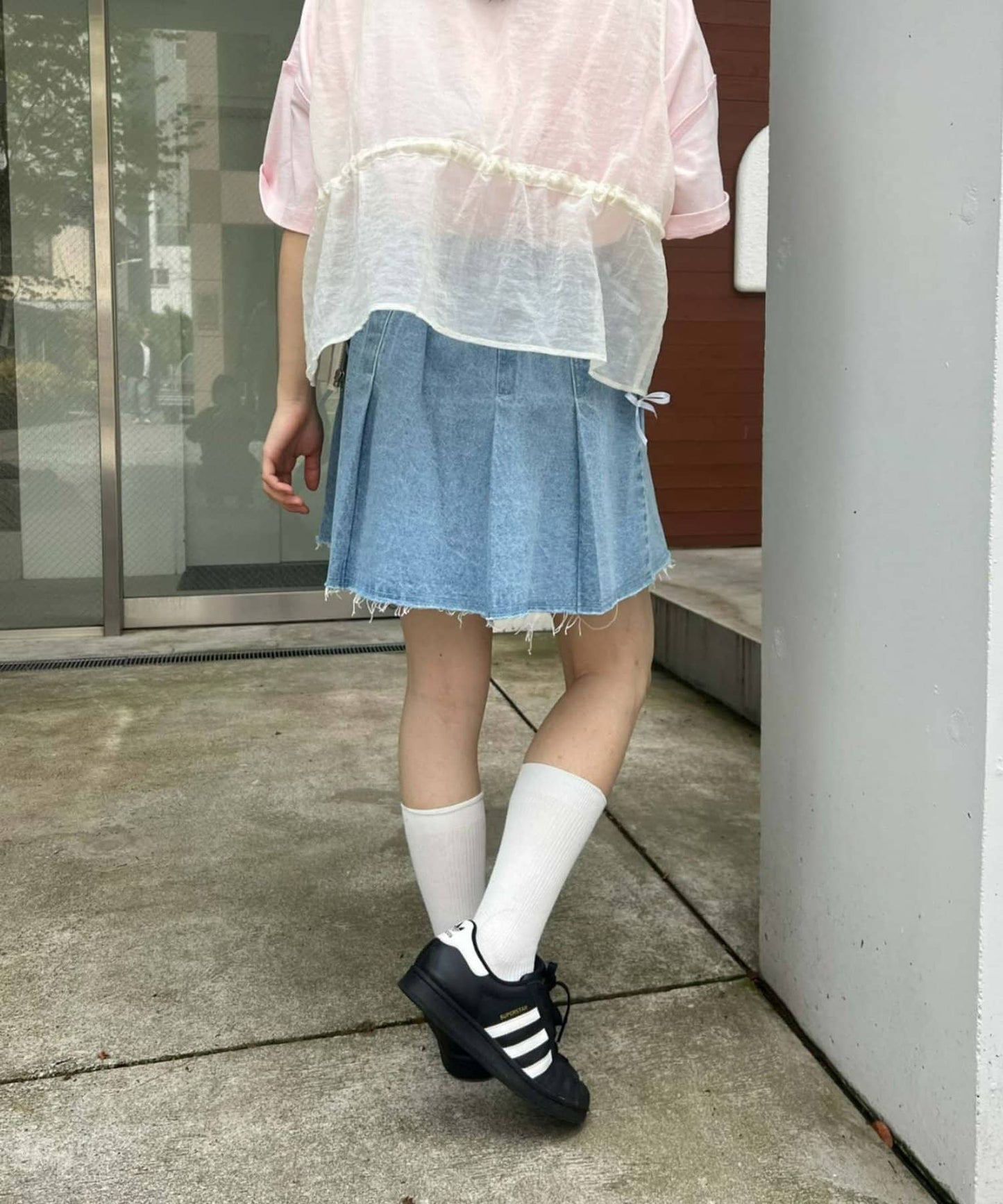 CIAOPANIC TYPY Satin Ribbon Denim Skirt  Girly Pleated Mini with Vintage Edge
