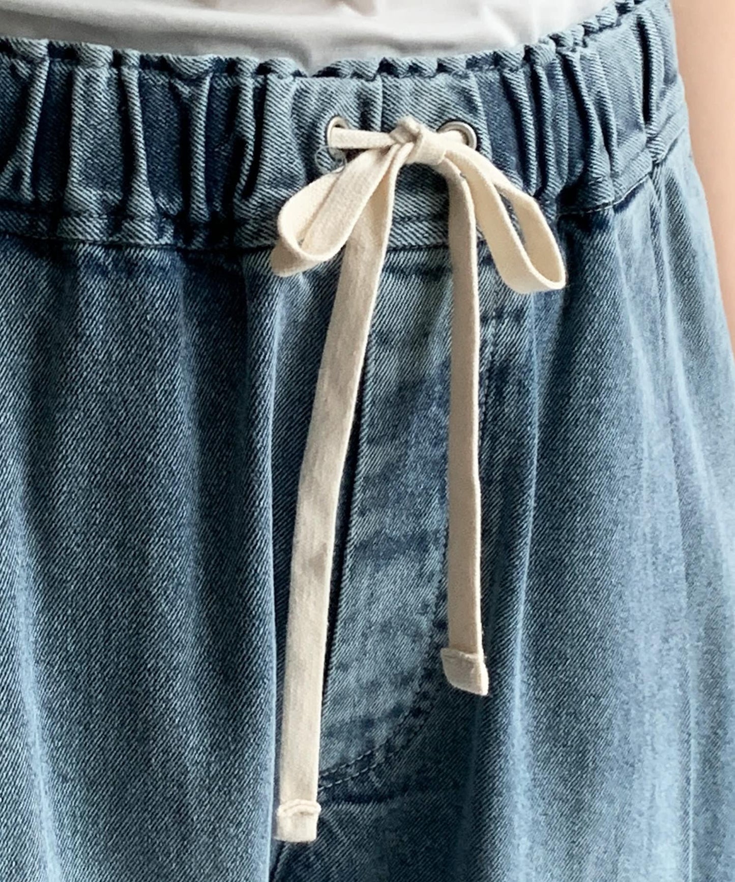 DOUDOU Denim Wide Easy Pants | Relaxed Fit with Tuck Detail & Elastic Waist