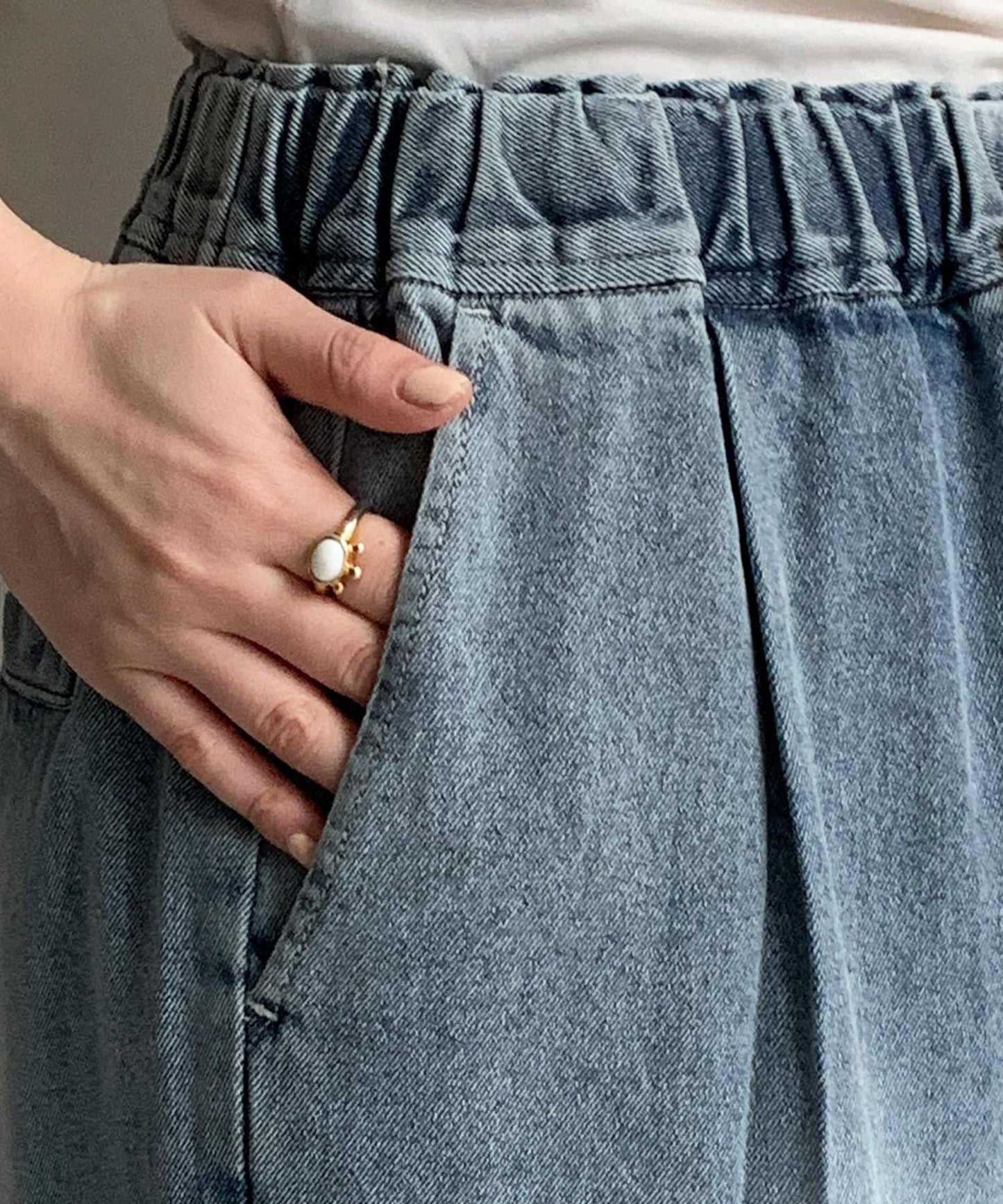 DOUDOU Denim Wide Easy Pants | Relaxed Fit with Tuck Detail & Elastic Waist