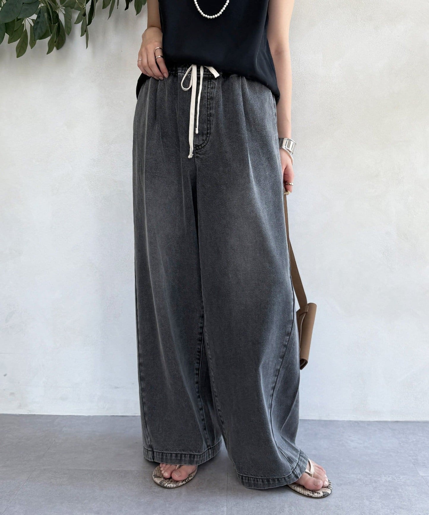 DOUDOU Denim Wide Easy Pants | Relaxed Fit with Tuck Detail & Elastic Waist
