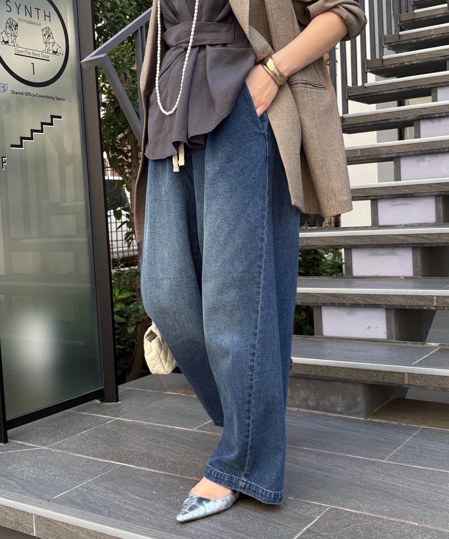 DOUDOU Denim Wide Easy Pants | Relaxed Fit with Tuck Detail & Elastic Waist