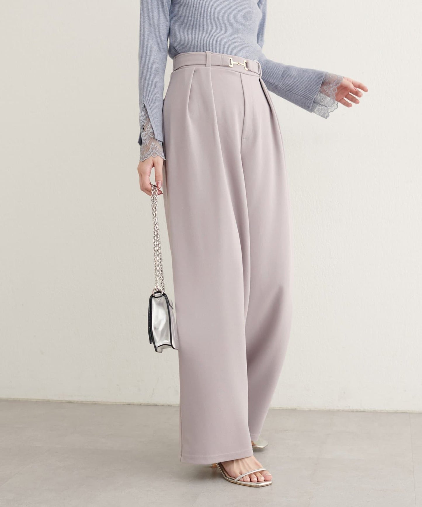 natural couture Bit Belt Stretch Pants | High-Waist Slim Straight Trousers with Gold Accent