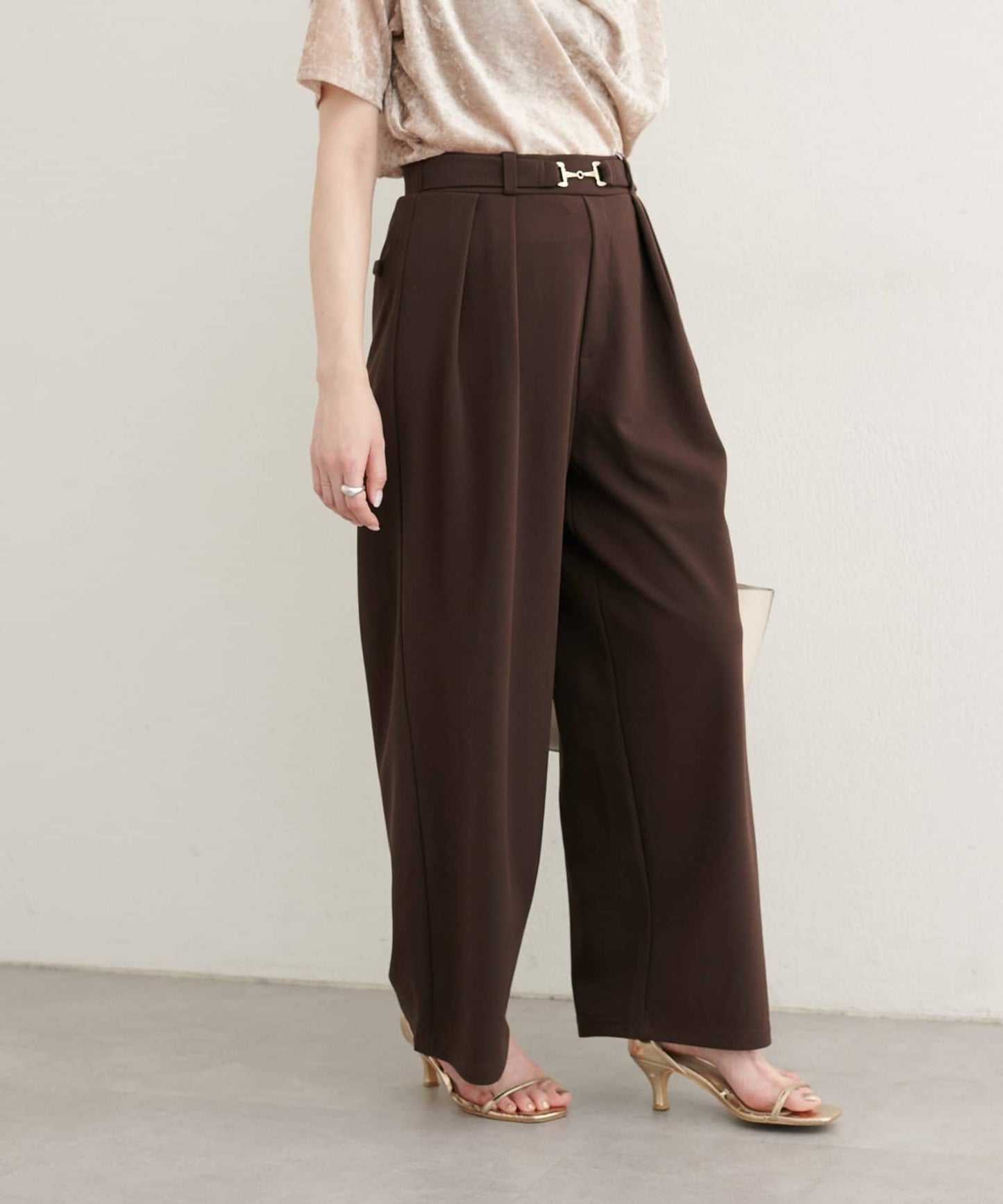 natural couture Bit Belt Stretch Pants | High-Waist Slim Straight Trousers with Gold Accent