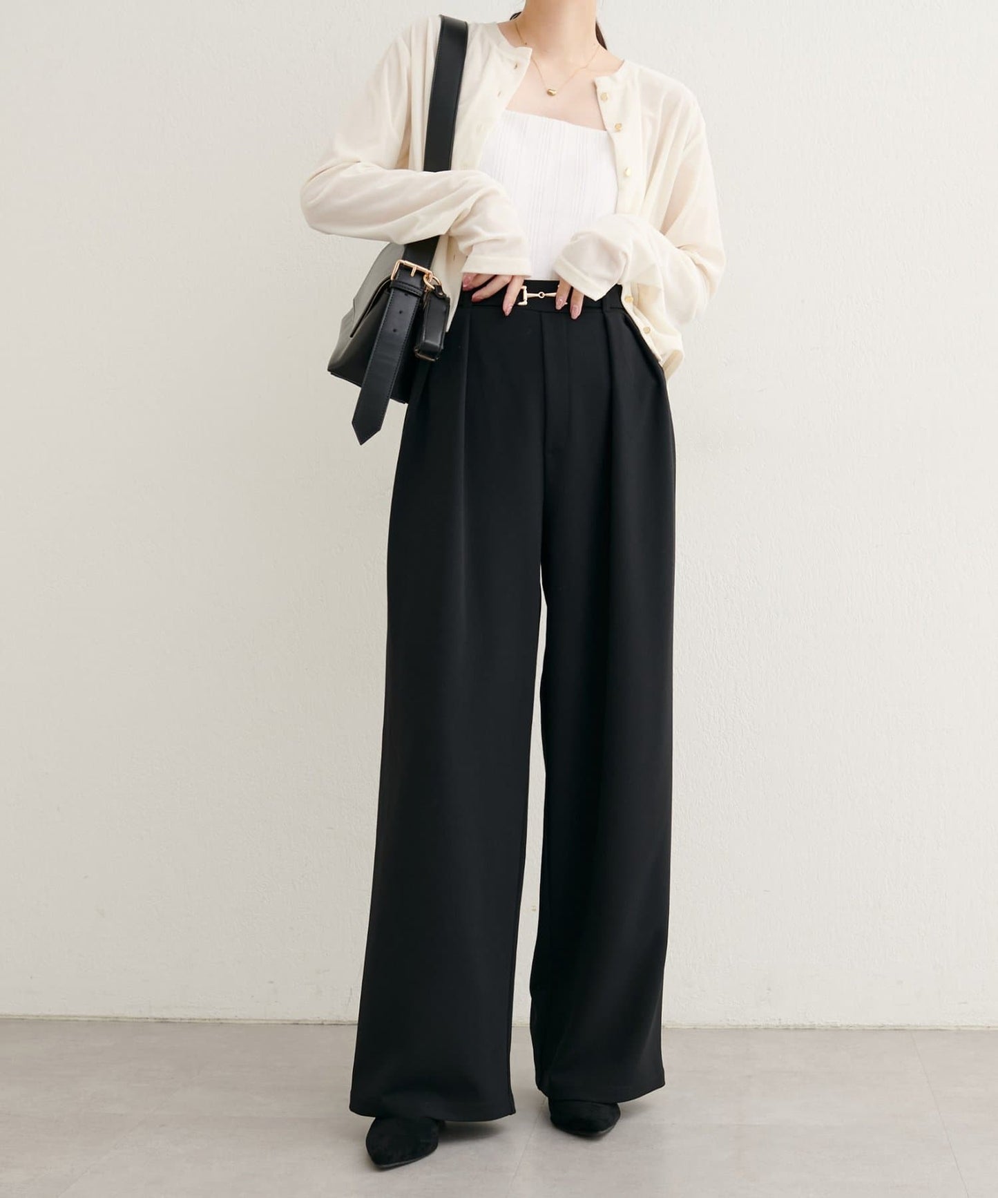 natural couture Bit Belt Stretch Pants | High-Waist Slim Straight Trousers with Gold Accent