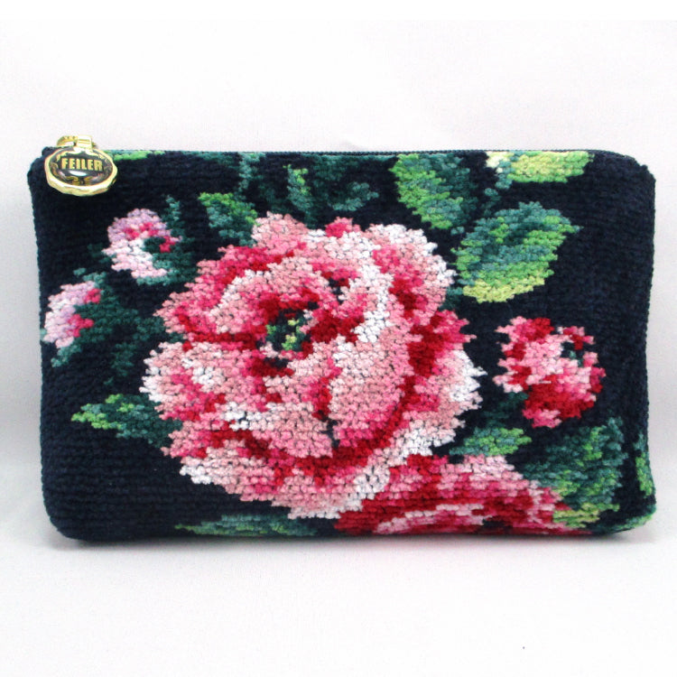 FEILER Rose Adagio Pouch - Exquisite Navy Cosmetic Case (Made in Japan)