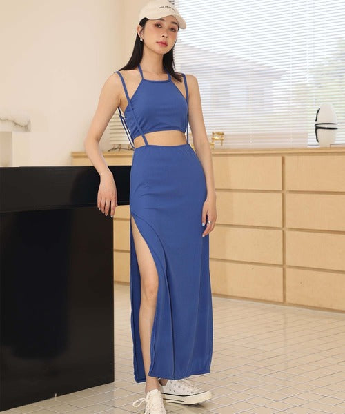 OSYAREVO Ribbed High-Neck Bikini Set with Long Skirt – Chic 3-Piece Swimsuit for Body-Flattering, Everyday Elegance