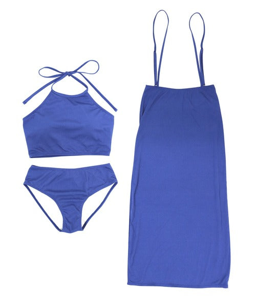 OSYAREVO Ribbed High-Neck Bikini Set with Long Skirt – Chic 3-Piece Swimsuit for Body-Flattering, Everyday Elegance