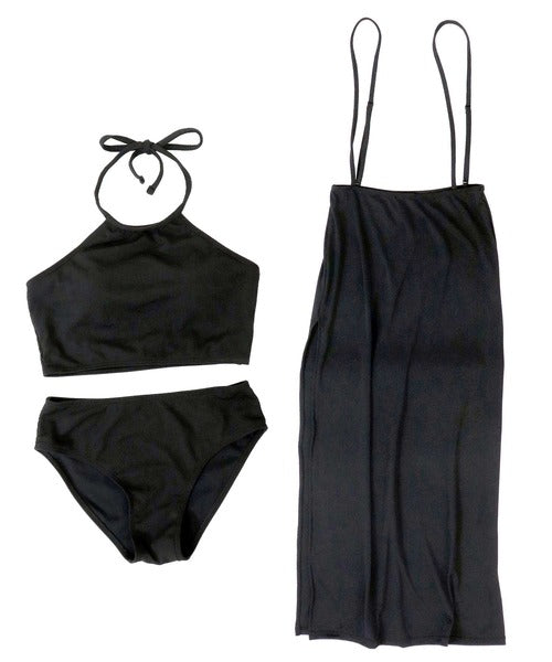 OSYAREVO Ribbed High-Neck Bikini Set with Long Skirt – Chic 3-Piece Swimsuit for Body-Flattering, Everyday Elegance
