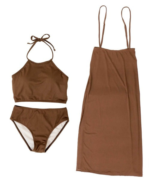 OSYAREVO Ribbed High-Neck Bikini Set with Long Skirt – Chic 3-Piece Swimsuit for Body-Flattering, Everyday Elegance