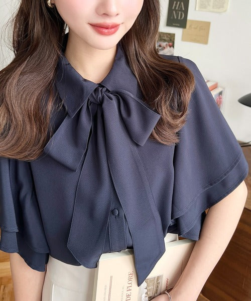 Moment+ Detachable Bow Tie Short Sleeve Frill Shirt Blouse | 2-Way Styling | Elegant & Office Casual