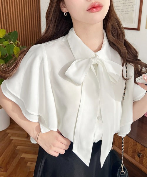 Moment+ Detachable Bow Tie Short Sleeve Frill Shirt Blouse | 2-Way Styling | Elegant & Office Casual