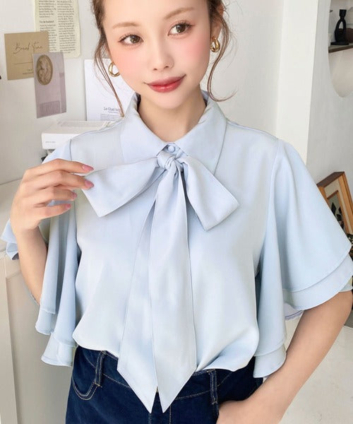 Moment+ Detachable Bow Tie Short Sleeve Frill Shirt Blouse | 2-Way Styling | Elegant & Office Casual