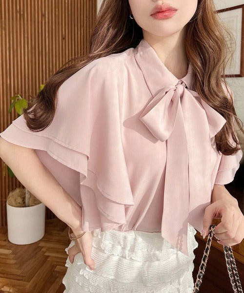 Moment+ Detachable Bow Tie Short Sleeve Frill Shirt Blouse | 2-Way Styling | Elegant & Office Casual