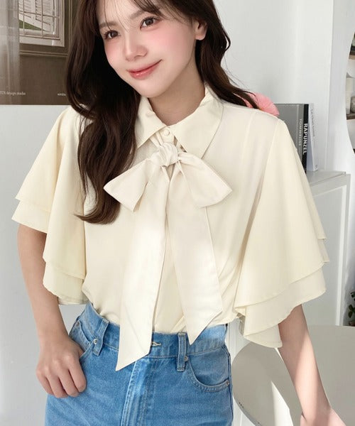 Moment+ Detachable Bow Tie Short Sleeve Frill Shirt Blouse | 2-Way Styling | Elegant & Office Casual