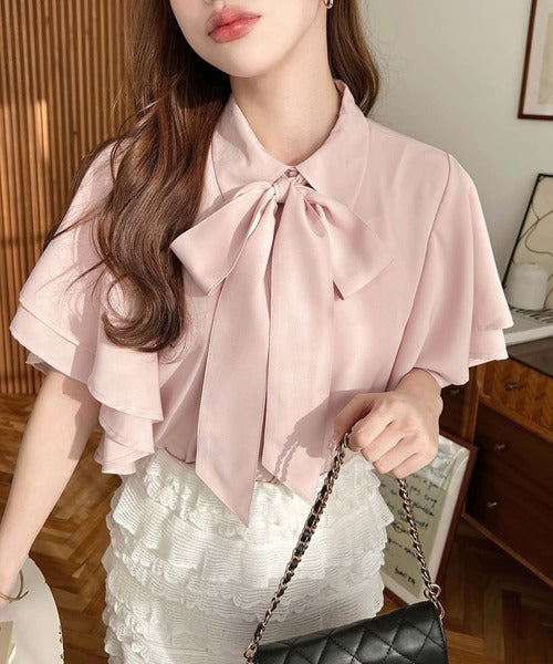 Moment+ Detachable Bow Tie Short Sleeve Frill Shirt Blouse | 2-Way Styling | Elegant & Office Casual