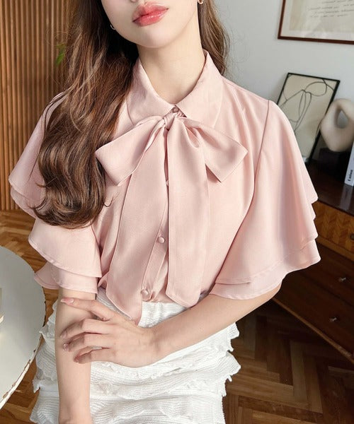 Moment+ Detachable Bow Tie Short Sleeve Frill Shirt Blouse | 2-Way Styling | Elegant & Office Casual