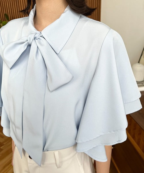Moment+ Detachable Bow Tie Short Sleeve Frill Shirt Blouse | 2-Way Styling | Elegant & Office Casual
