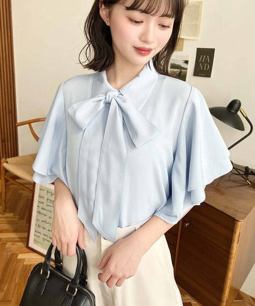 Moment+ Detachable Bow Tie Short Sleeve Frill Shirt Blouse | 2-Way Styling | Elegant & Office Casual