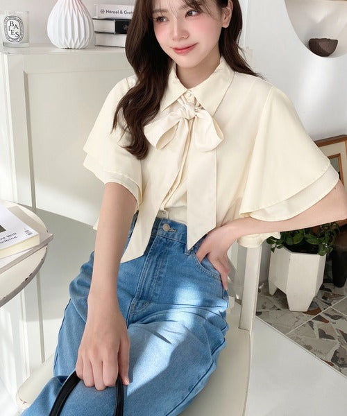 Moment+ Detachable Bow Tie Short Sleeve Frill Shirt Blouse | 2-Way Styling | Elegant & Office Casual