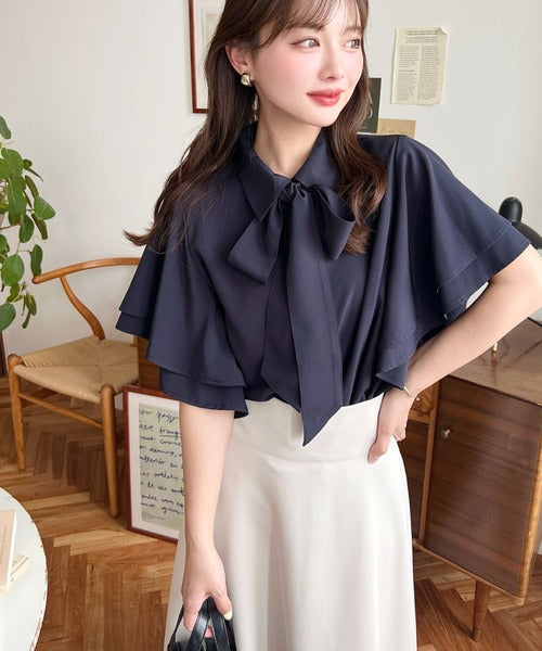 Moment+ Detachable Bow Tie Short Sleeve Frill Shirt Blouse | 2-Way Styling | Elegant & Office Casual