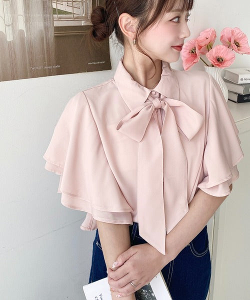 Moment+ Detachable Bow Tie Short Sleeve Frill Shirt Blouse | 2-Way Styling | Elegant & Office Casual