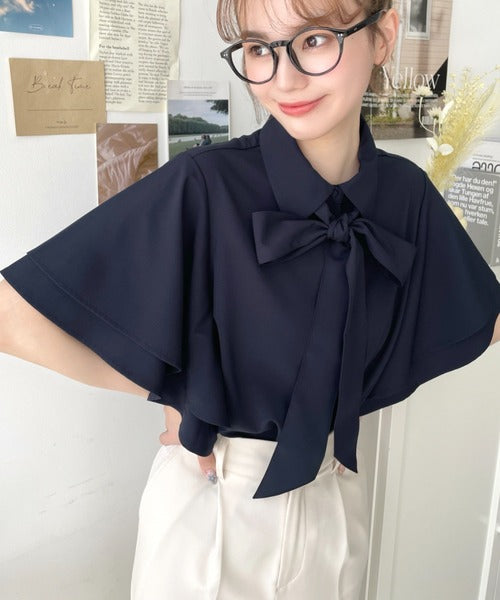 Moment+ Detachable Bow Tie Short Sleeve Frill Shirt Blouse | 2-Way Styling | Elegant & Office Casual