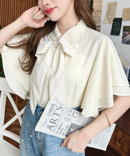 Moment+ Detachable Bow Tie Short Sleeve Frill Shirt Blouse | 2-Way Styling | Elegant & Office Casual