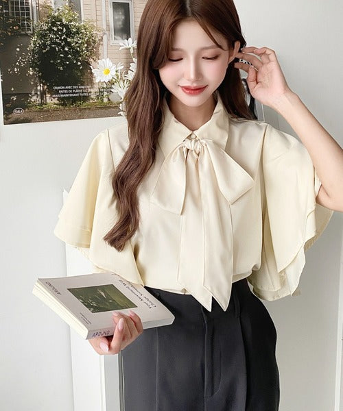 Moment+ Detachable Bow Tie Short Sleeve Frill Shirt Blouse | 2-Way Styling | Elegant & Office Casual