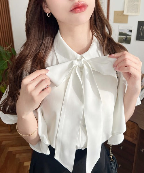 Moment+ Detachable Bow Tie Short Sleeve Frill Shirt Blouse | 2-Way Styling | Elegant & Office Casual