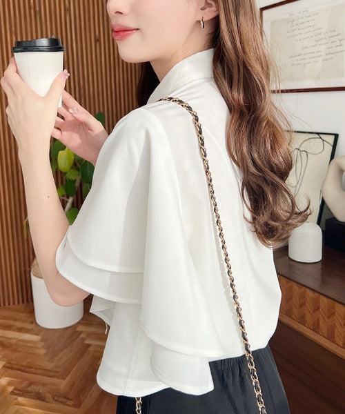 Moment+ Detachable Bow Tie Short Sleeve Frill Shirt Blouse | 2-Way Styling | Elegant & Office Casual