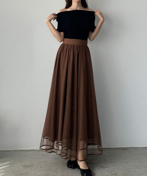 Louere Hem Piping Tulle Flare Skirt with Petticoat Set | Elegant Sheer Layers & Figure-Flattering Long Silhouette