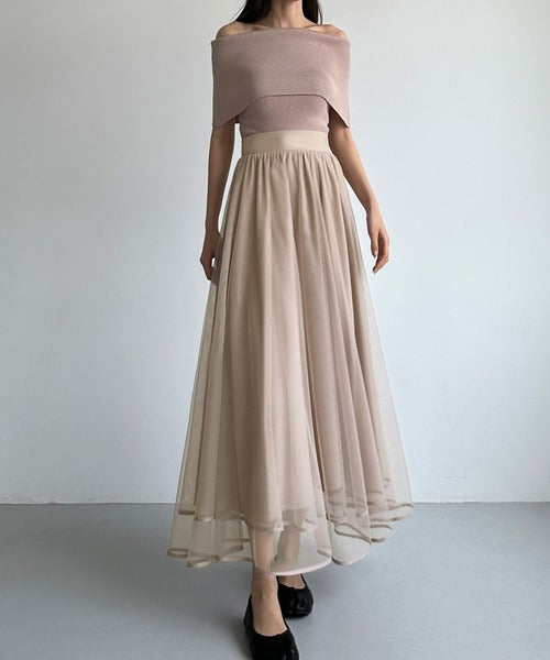 Louere Hem Piping Tulle Flare Skirt with Petticoat Set | Elegant Sheer Layers & Figure-Flattering Long Silhouette