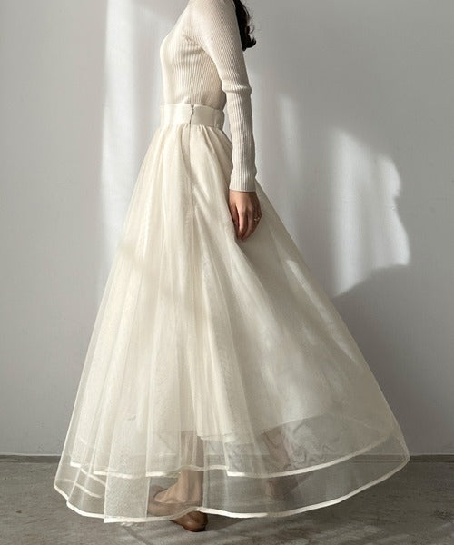Louere Hem Piping Tulle Flare Skirt with Petticoat Set | Elegant Sheer Layers & Figure-Flattering Long Silhouette