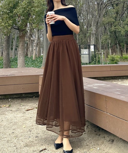 Louere Hem Piping Tulle Flare Skirt with Petticoat Set | Elegant Sheer Layers & Figure-Flattering Long Silhouette