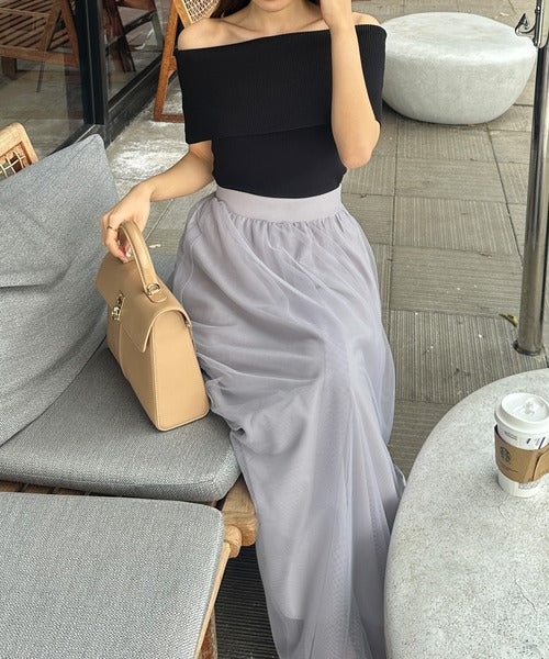 Louere Hem Piping Tulle Flare Skirt with Petticoat Set | Elegant Sheer Layers & Figure-Flattering Long Silhouette