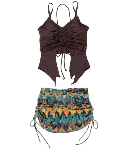 OSYAREVO Drawstring Camisole Bikini Set – Layered-Style Swimwear with Skirted Shorts for Chic, Versatile Looks