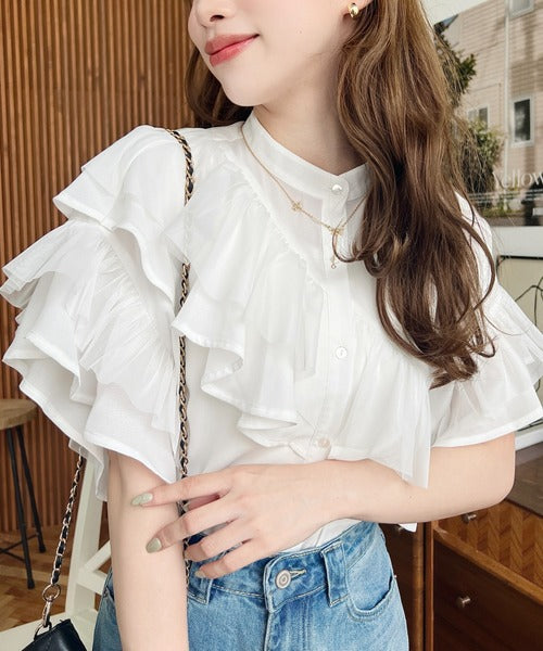 Moment+ Chiffon Georgette & Tulle Double Frill Short Sleeve Blouse | Elegant & Feminine | 5 Pastel & Classic Colors