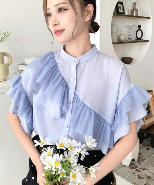 Moment+ Chiffon Georgette & Tulle Double Frill Short Sleeve Blouse | Elegant & Feminine | 5 Pastel & Classic Colors
