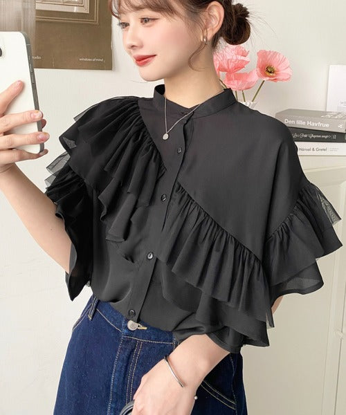 Moment+ Chiffon Georgette & Tulle Double Frill Short Sleeve Blouse | Elegant & Feminine | 5 Pastel & Classic Colors