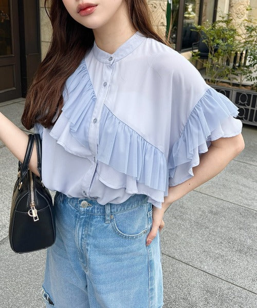 Moment+ Chiffon Georgette & Tulle Double Frill Short Sleeve Blouse | Elegant & Feminine | 5 Pastel & Classic Colors
