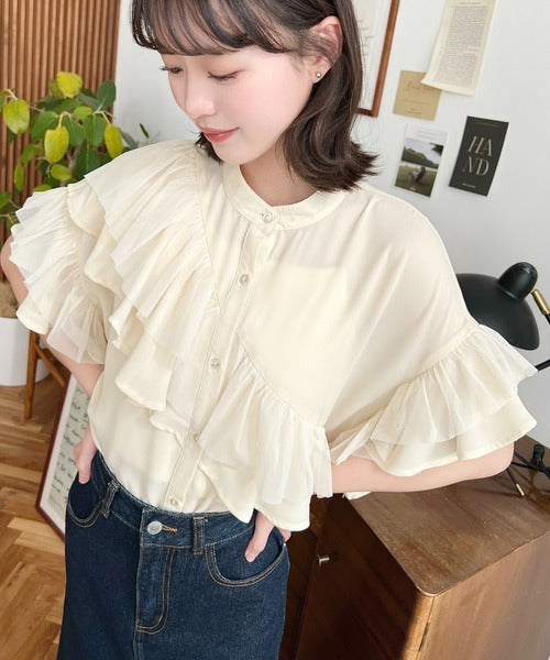 Moment+ Chiffon Georgette & Tulle Double Frill Short Sleeve Blouse | Elegant & Feminine | 5 Pastel & Classic Colors