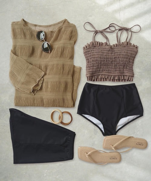 OSYAREVO 4-Piece Swimsuit Set – Sheer Cover-Up, Shirred Bikini, and Body-Flattering Design