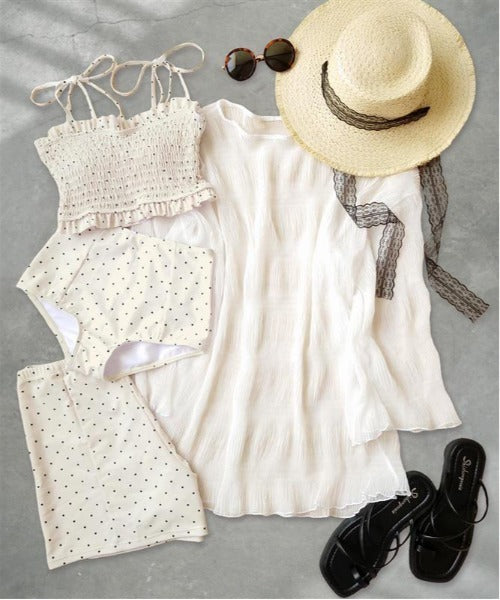 OSYAREVO 4-Piece Swimsuit Set – Sheer Cover-Up, Shirred Bikini, and Body-Flattering Design