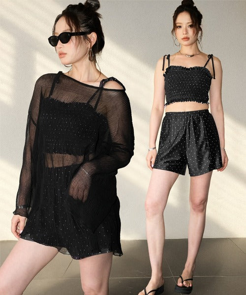 OSYAREVO 4-Piece Swimsuit Set – Sheer Cover-Up, Shirred Bikini, and Body-Flattering Design