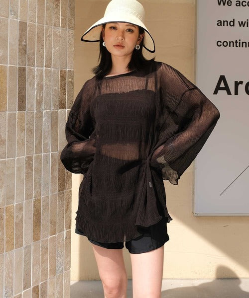 OSYAREVO 4-Piece Swimsuit Set – Sheer Cover-Up, Shirred Bikini, and Body-Flattering Design